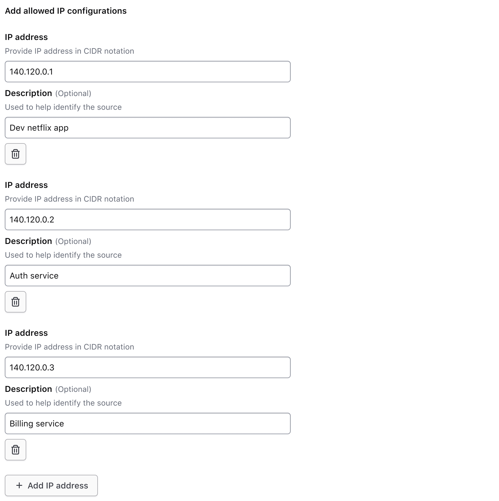 Key and value inputs stack on top of each other. The delete button is below the value input. Each input has their label and helper text visible.